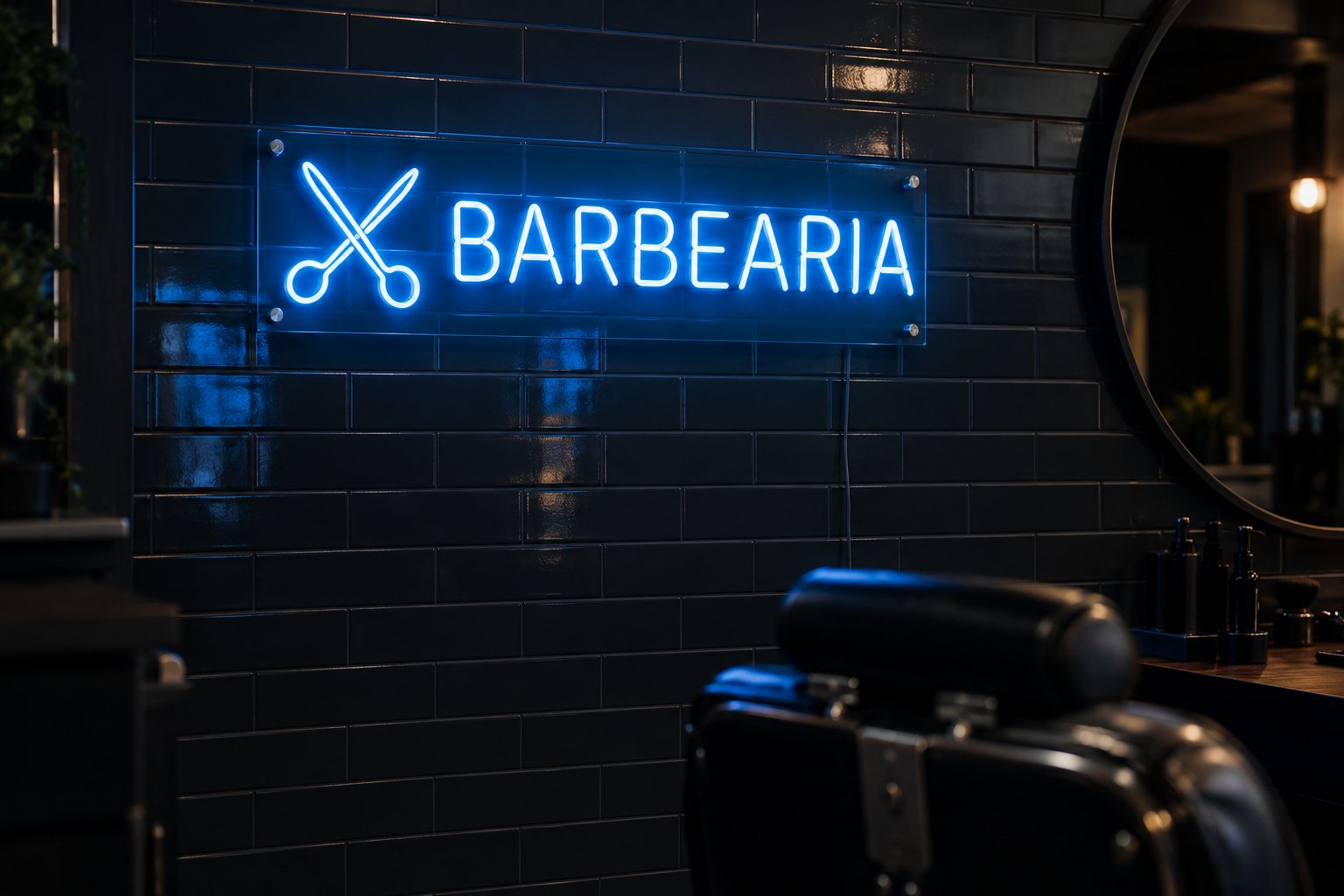Néon azul gelo BARBEARIA numa parede de azulejo escuro