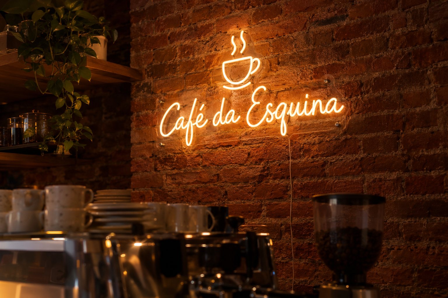 Néon branco quente Café da Esquina numa parede de tijolo