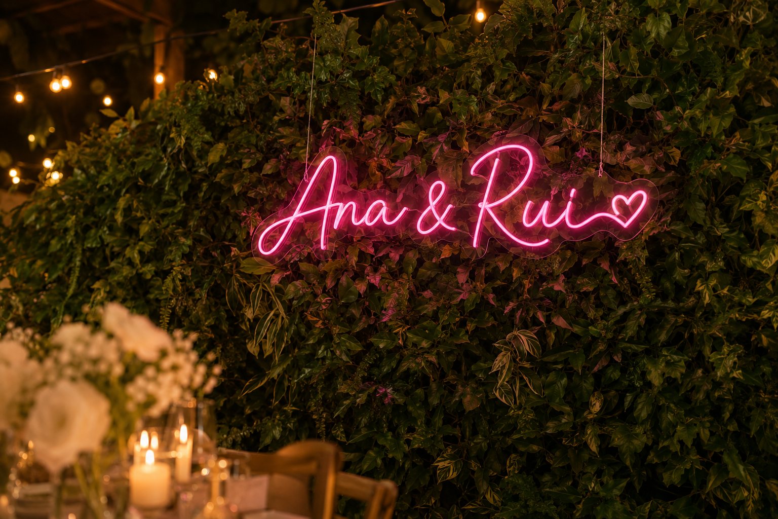 Néon cor-de-rosa Ana e Rui sobre uma parede de folhagem num casamento