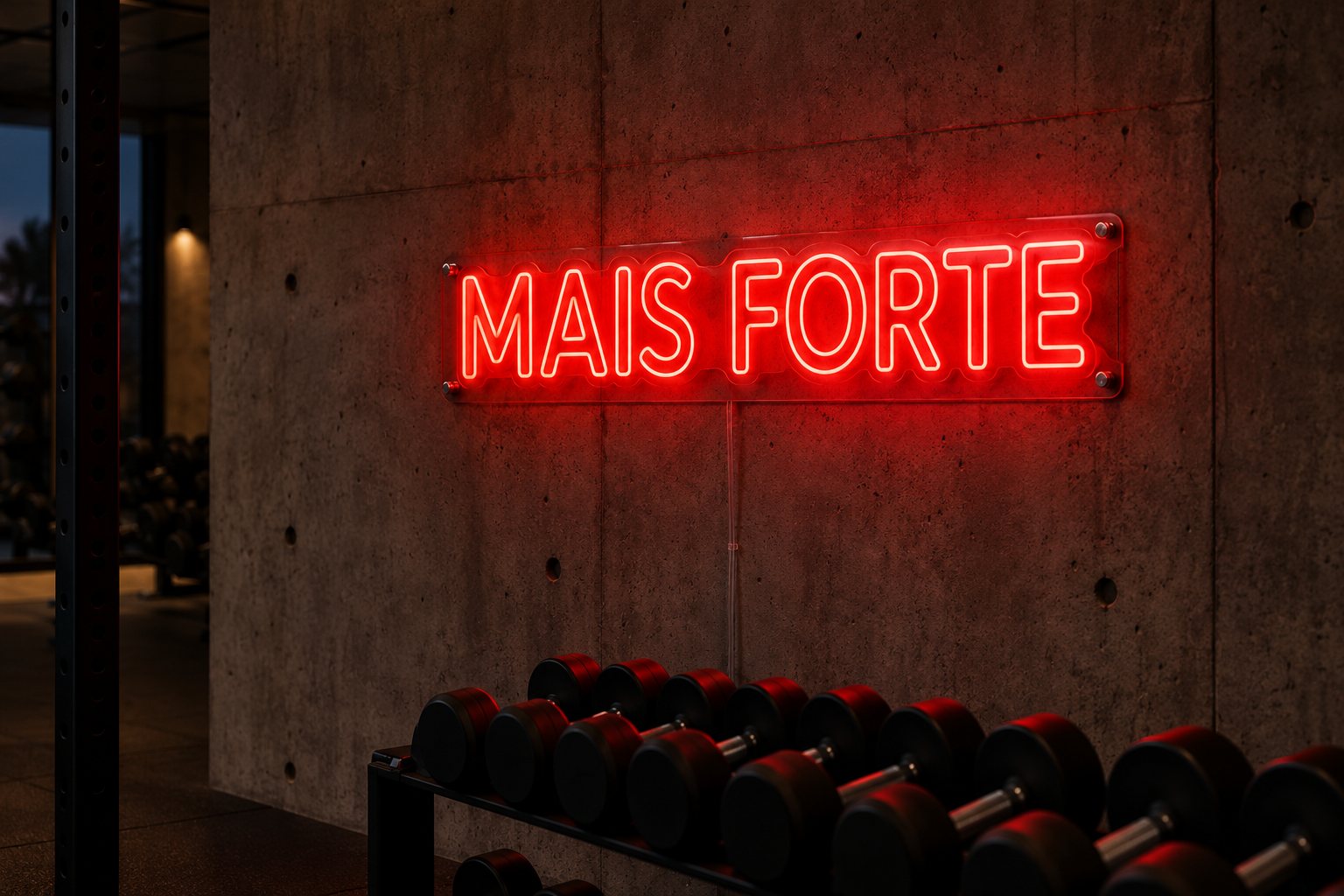 Néon vermelho MAIS FORTE numa parede de betão