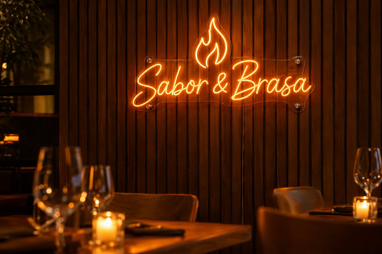 Néon laranja Sabor e Brasa numa parede de ripas de madeira